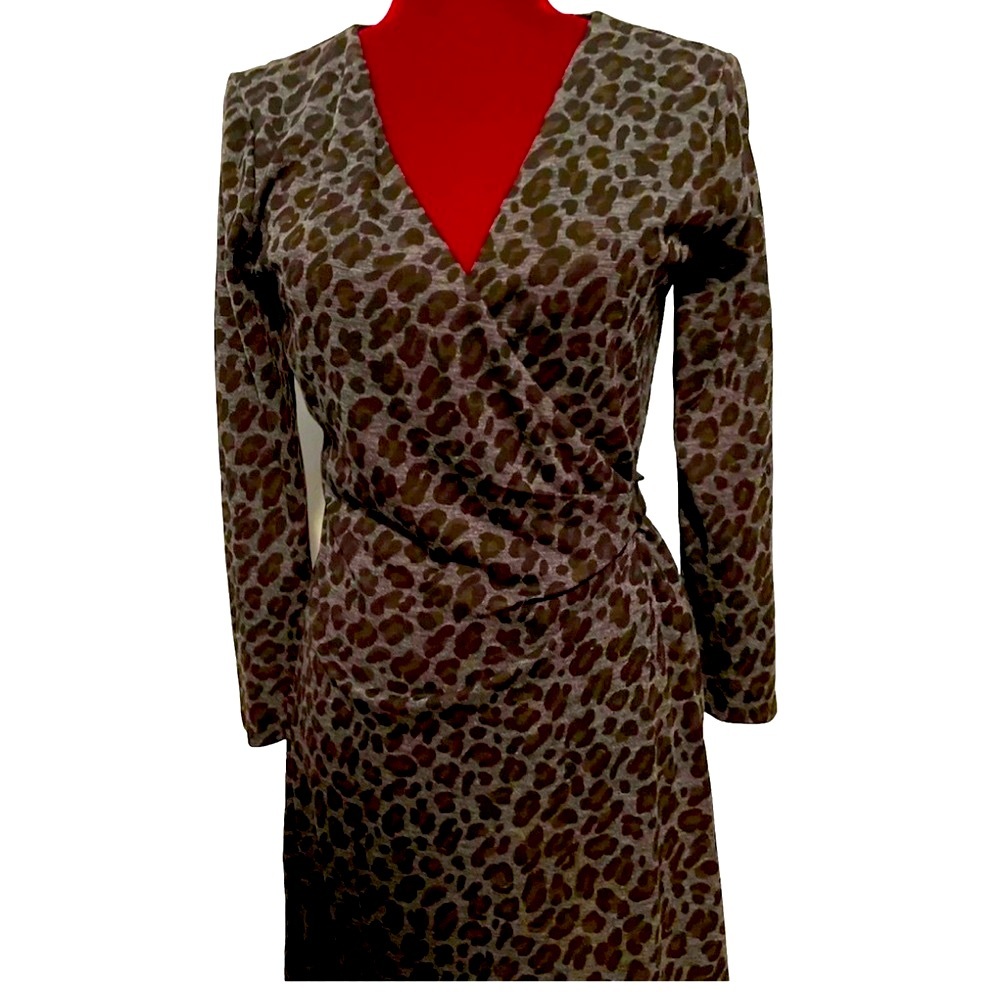 Ann Taylor Women's Black Grey Wrap Dress Animal Leopard Cheetah Print Size XSP